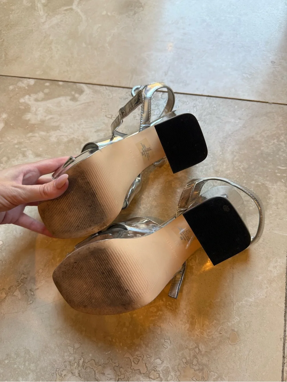 Nine West Silver Metallic Platform Block Heel Sandals